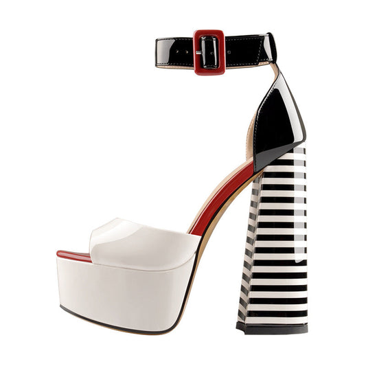 White Platform Peep Toe Ankle Chunky Sandals - Onlymaker