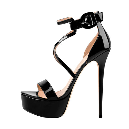 Patent Leather Platform Cross-tied Stiletto Sandals - Onlymaker