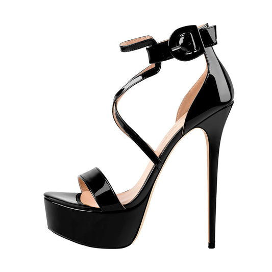 Patent Leather Platform Cross-tied Stiletto Sandals - Onlymaker