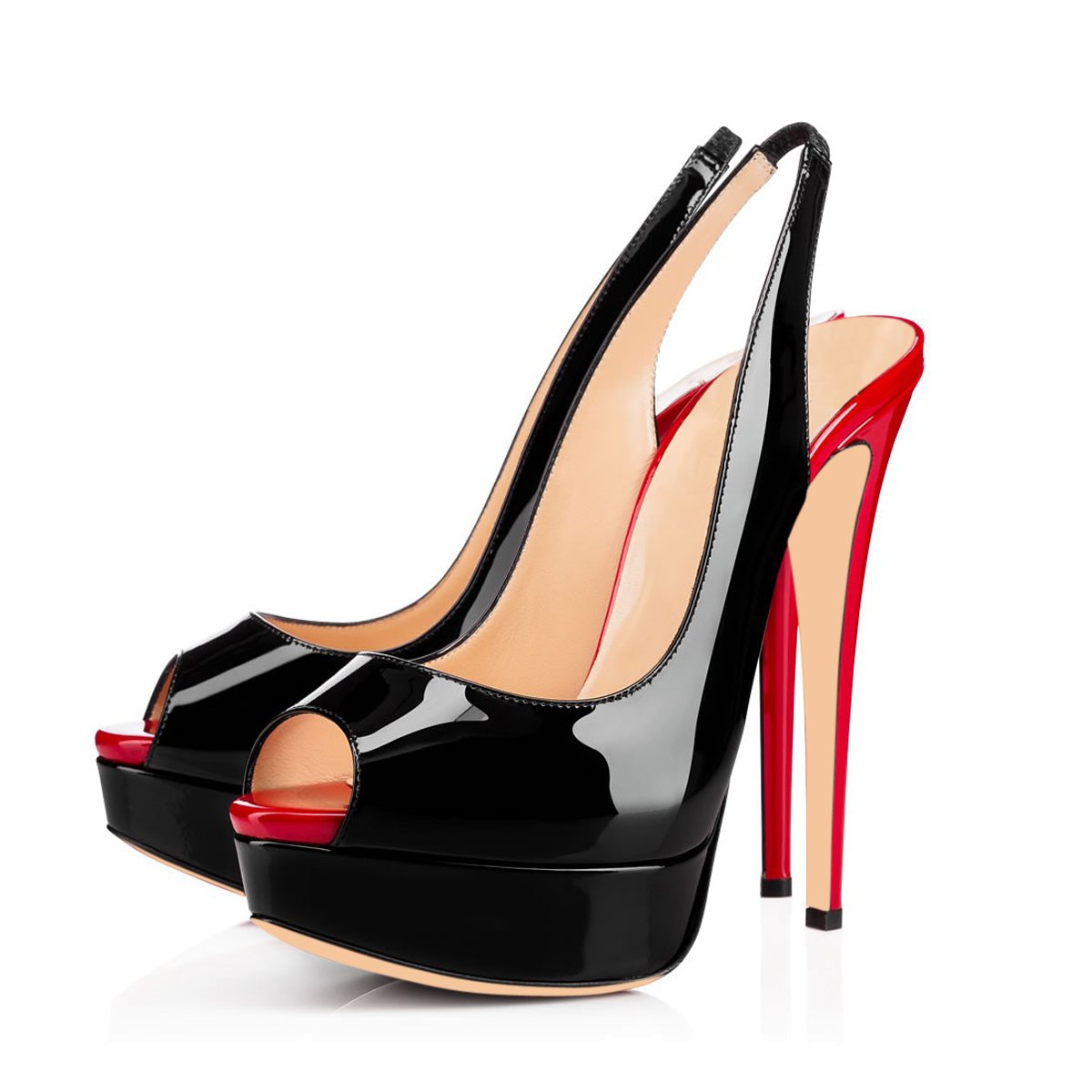 Platform High Heel Peep Toe Black-Red Slingback Sandals - Onlymaker