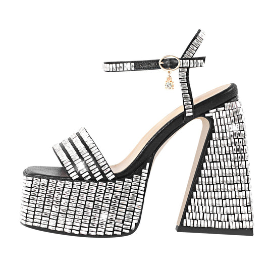 Rhinestone Square Toe Chunky Heel Platform Sandals - Onlymaker