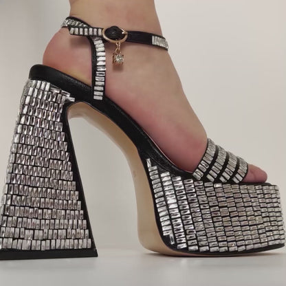 Rhinestone Square Toe Chunky Heel Platform Sandals - Onlymaker