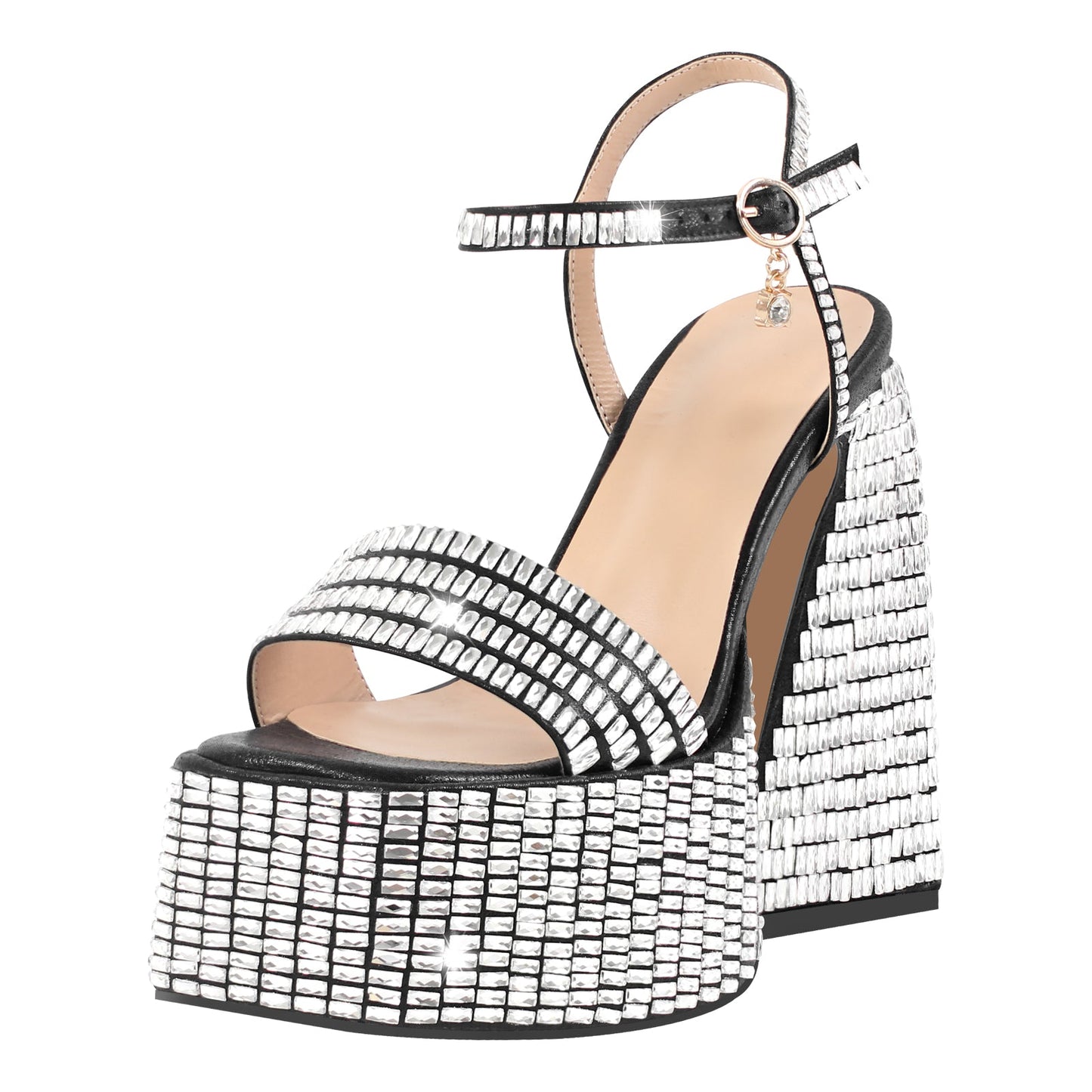 Rhinestone Square Toe Chunky Heel Platform Sandals - Onlymaker