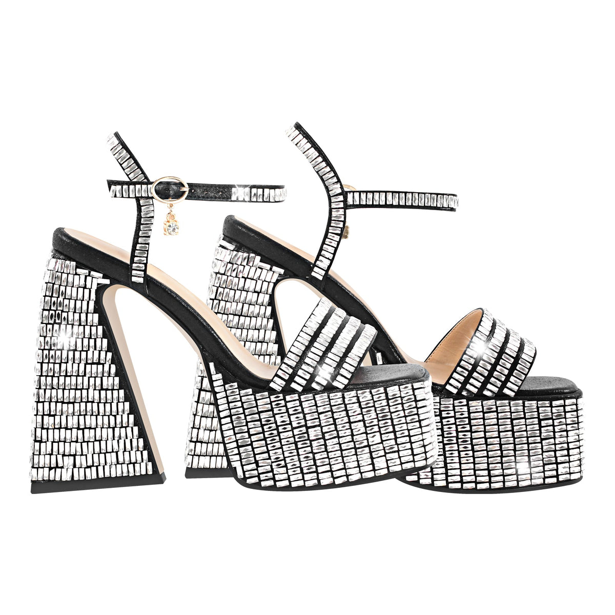 Rhinestone Square Toe Chunky Heel Platform Sandals - Onlymaker