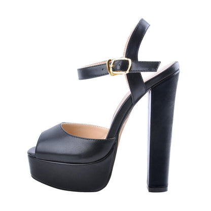Peep Toe Platform Black Chunky High Heel Sandals - Onlymaker