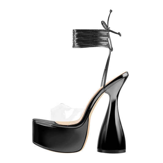 Black Platform Lace up Chunky High Heel Sandals - Onlymaker