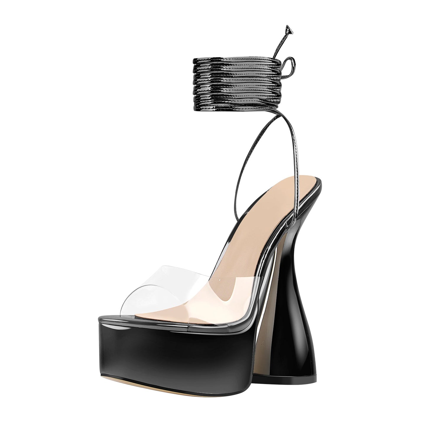 Black Platform Lace up Chunky High Heel Sandals - Onlymaker