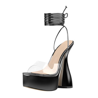 Black Platform Lace up Chunky High Heel Sandals - Onlymaker