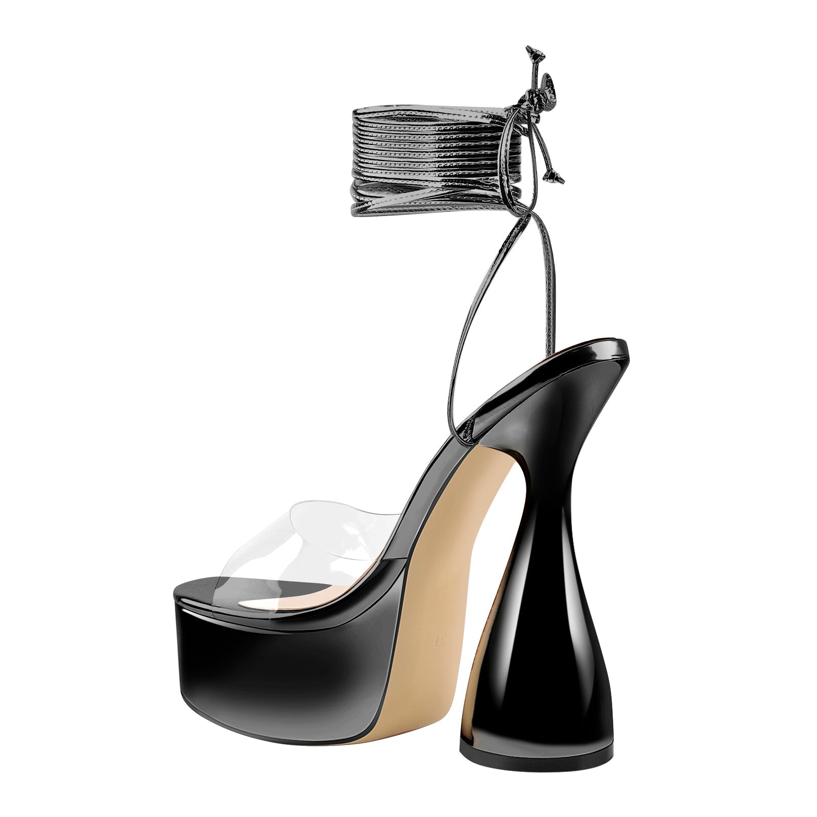 Black Platform Lace up Chunky High Heel Sandals - Onlymaker