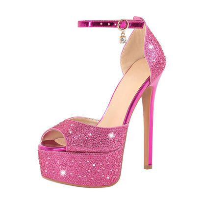 Rhinestone Peep Toe High Heel Platform Sandals - Onlymaker