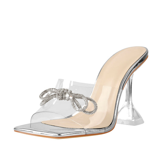 Silver Bow Transparent Clear High Heel Square Toe Sandals - Onlymaker