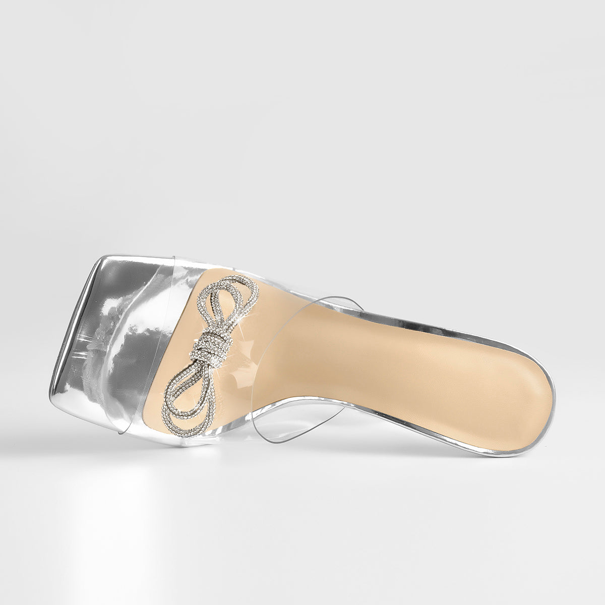 Silver Bow Transparent Clear High Heel Square Toe Sandals - Onlymaker