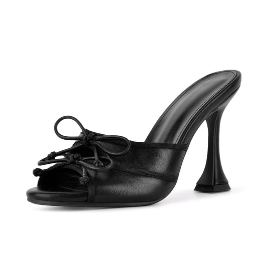 Round Toe Double Bow Tapered Heel Mules - Onlymaker