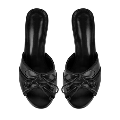 Round Toe Double Bow Tapered Heel Mules - Onlymaker