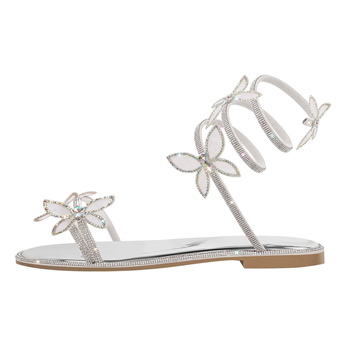 Butterfly Rhinestone Round Toe Strap Flat Sandals - Onlymaker