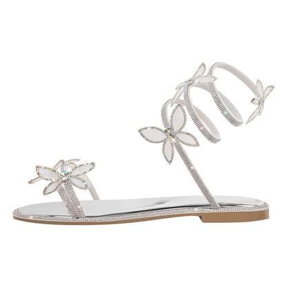 Butterfly Rhinestone Round Toe Strap Flat Sandals - Onlymaker