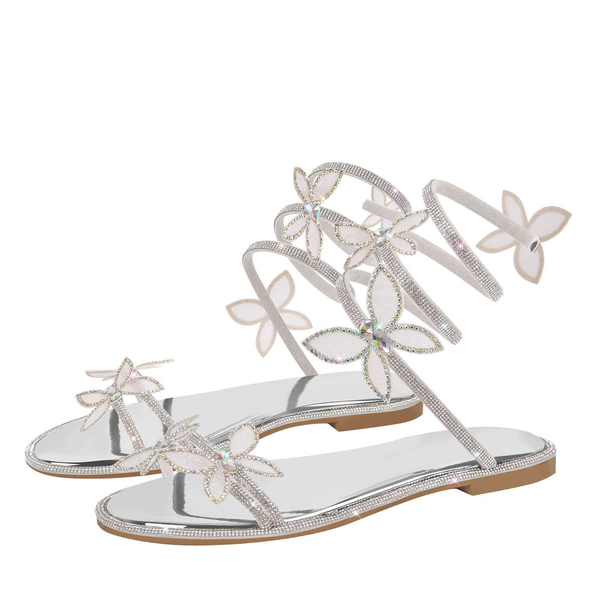 Butterfly Rhinestone Round Toe Strap Flat Sandals - Onlymaker