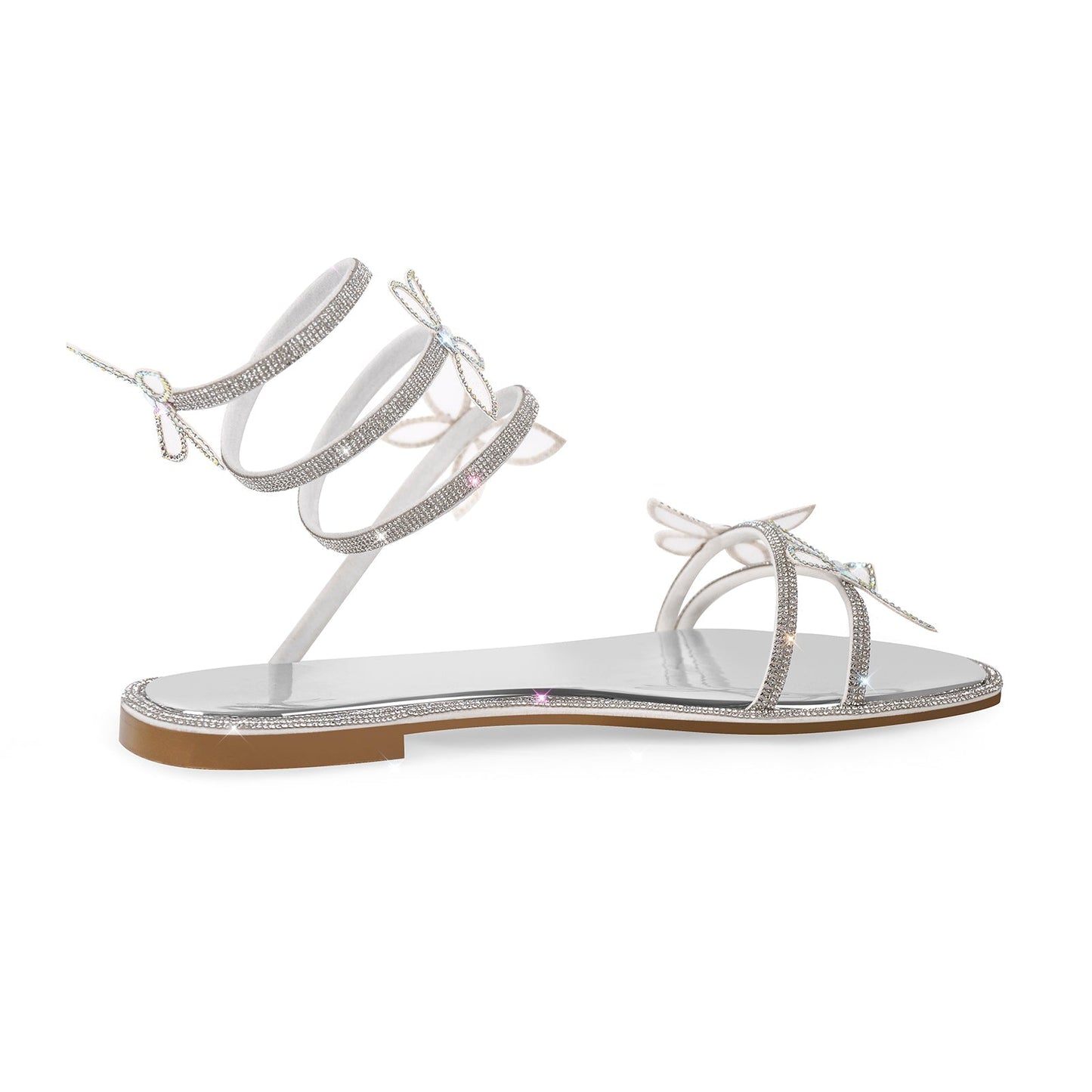 Butterfly Rhinestone Round Toe Strap Flat Sandals - Onlymaker