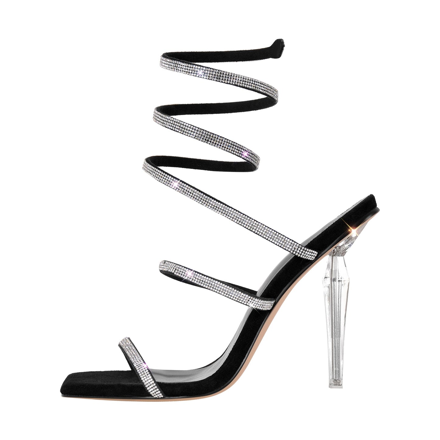 Square Toe Rhinestone Hollow Clear Heel Sandals - Onlymaker