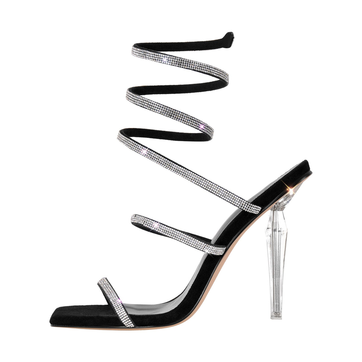 Square Toe Rhinestone Hollow Clear Heel Sandals - Onlymaker