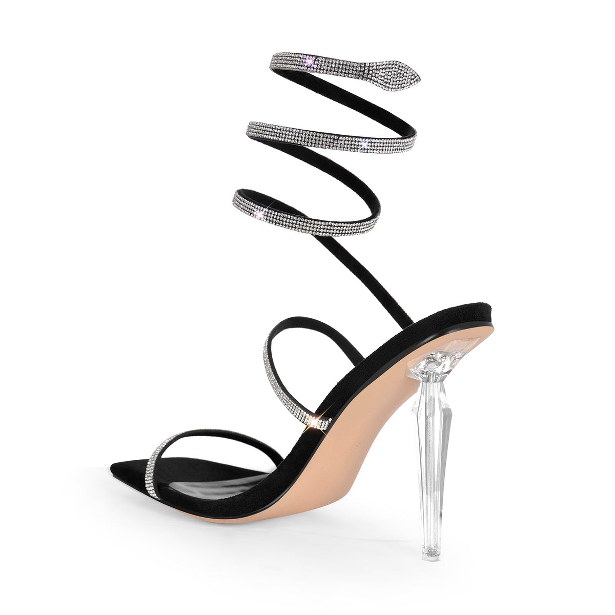 Square Toe Rhinestone Hollow Clear Heel Sandals - Onlymaker