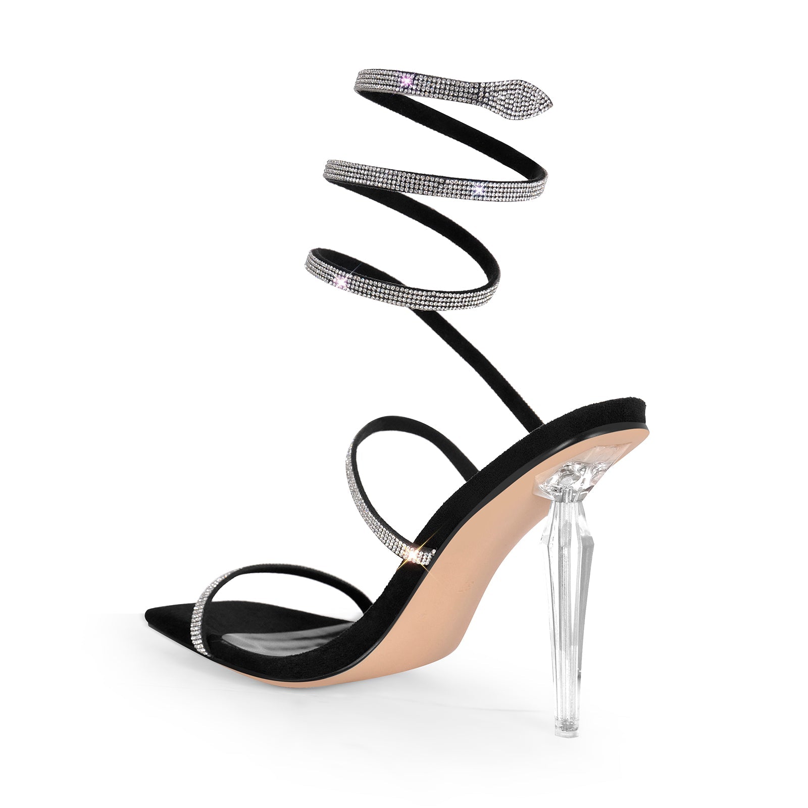 Square Toe Rhinestone Hollow Clear Heel Sandals - Onlymaker