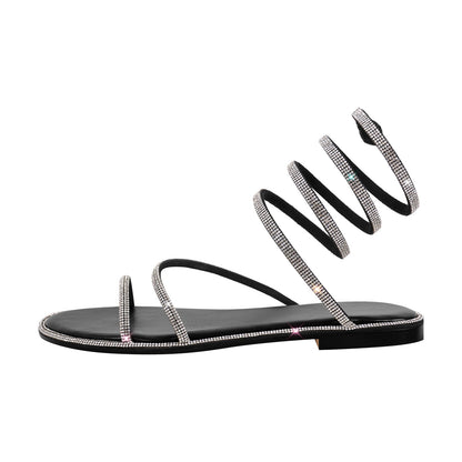 Rhinestone Round Toe Strap Flats - Onlymaker