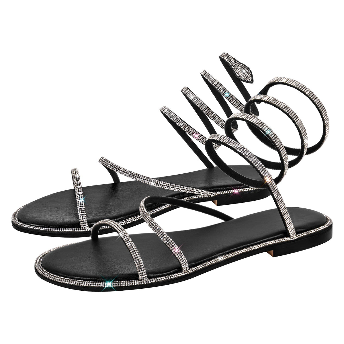 Rhinestone Round Toe Strap Flats - Onlymaker