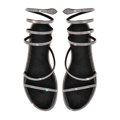 Rhinestone Round Toe Strap Flats - Onlymaker