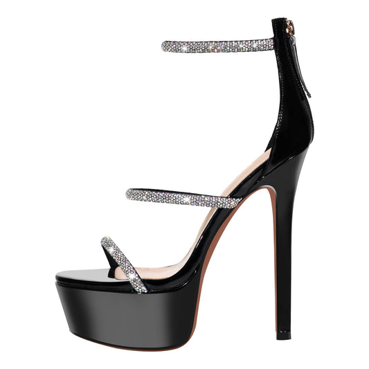 Rhinestone Open Toe Stiletto Platform Sandals - Onlymaker