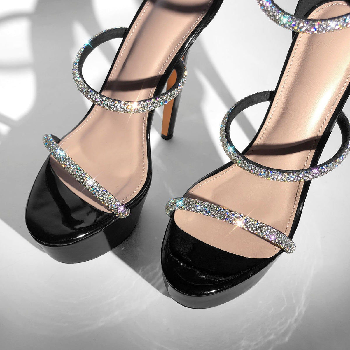 Rhinestone Open Toe Stiletto Platform Sandals - Onlymaker
