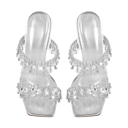 Silver Rhinestone Square Toe Clear Chunky Heel Sandals - Onlymaker
