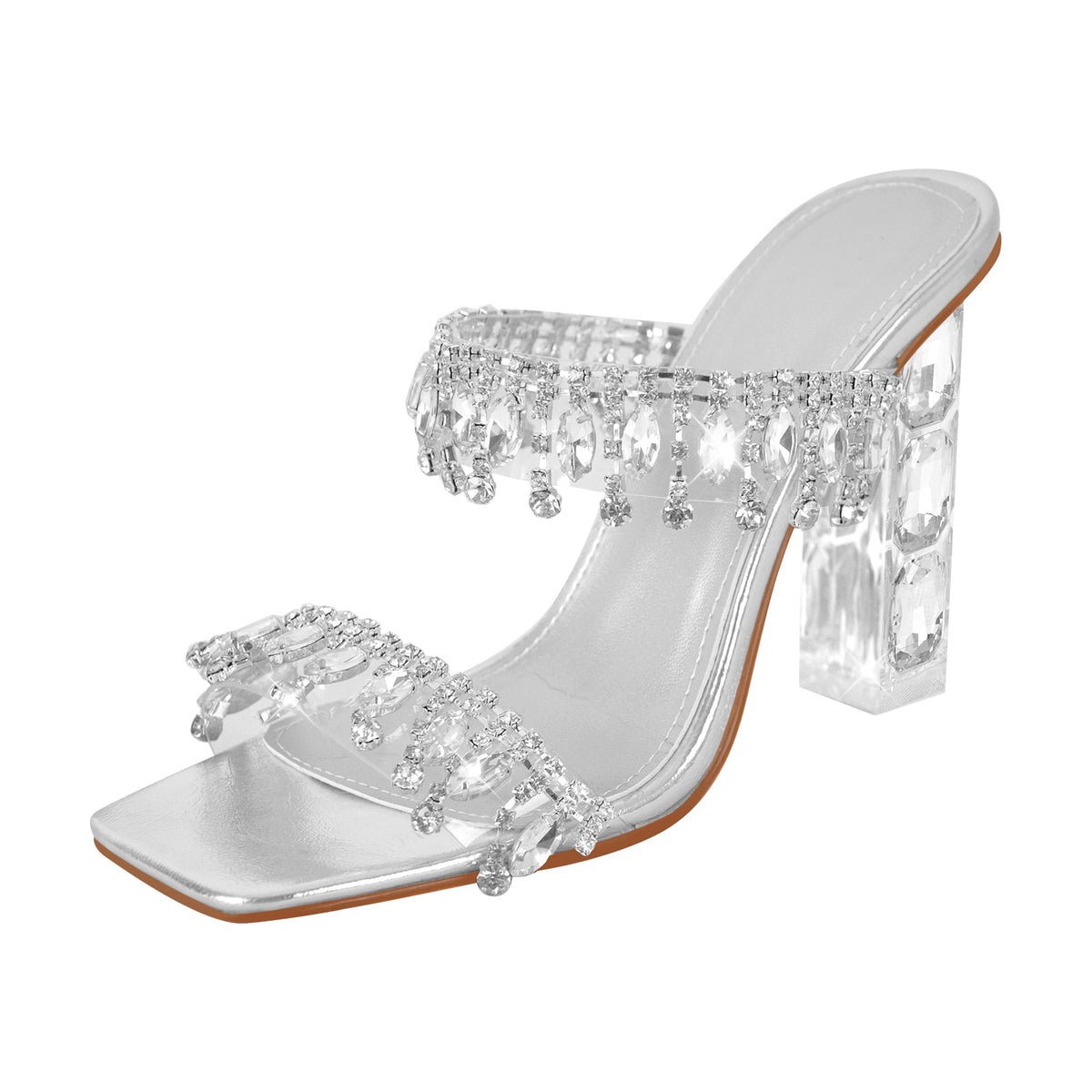 Silver Rhinestone Square Toe Clear Chunky Heel Sandals - Onlymaker