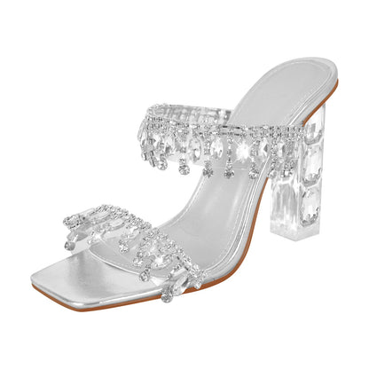 Silver Rhinestone Square Toe Clear Chunky Heel Sandals - Onlymaker