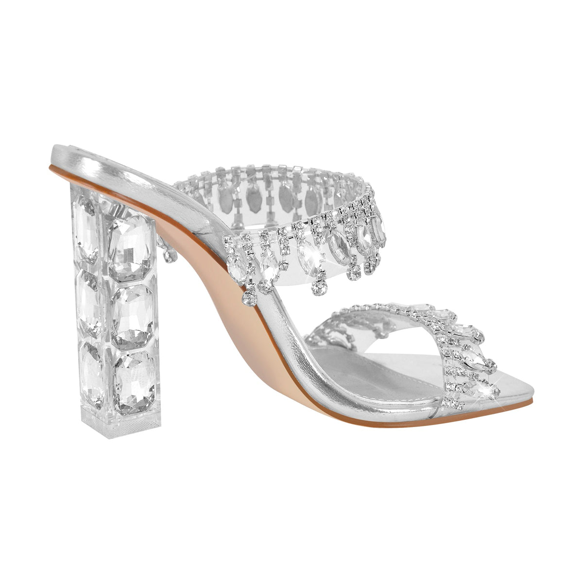 Silver Rhinestone Square Toe Clear Chunky Heel Sandals - Onlymaker