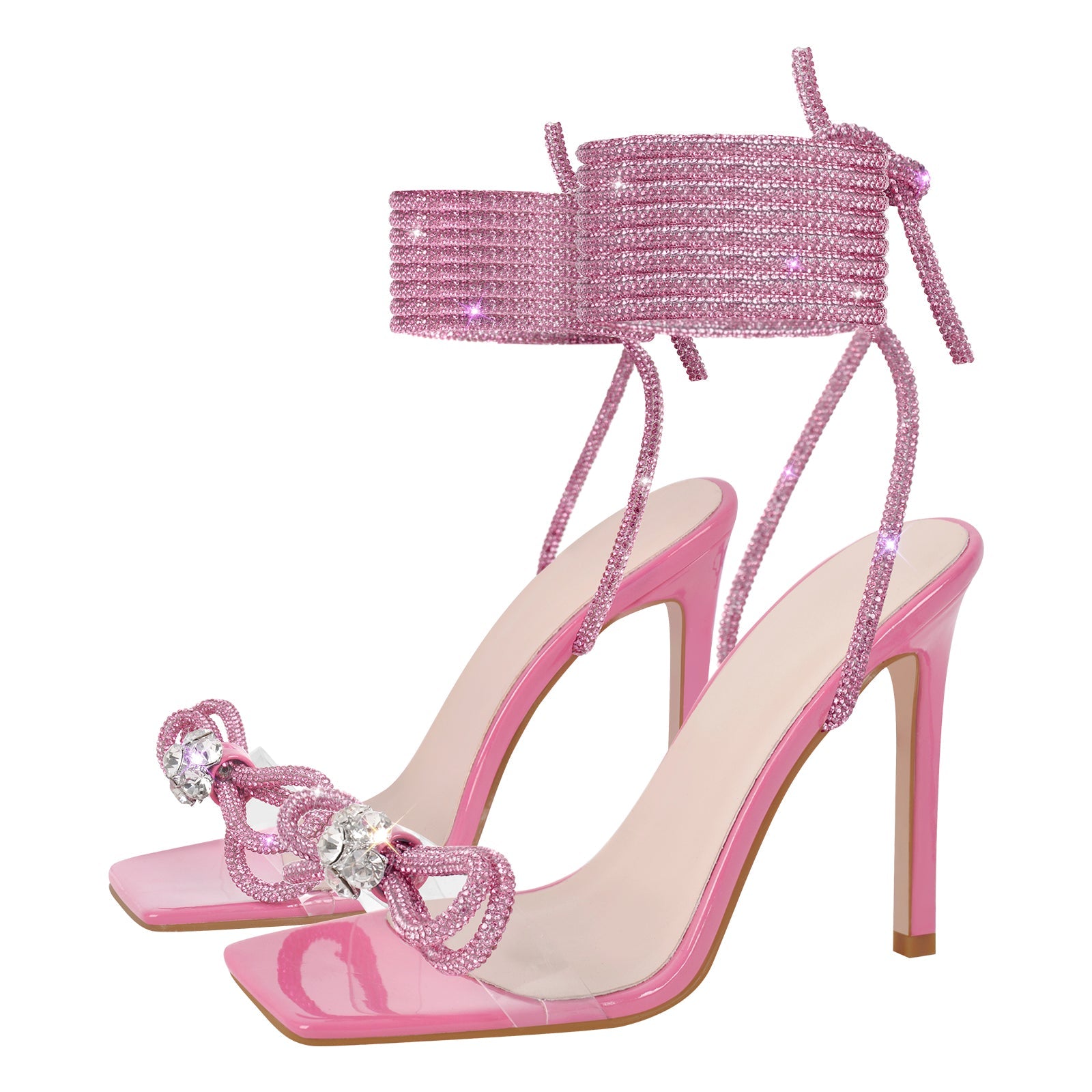 Square Toe Rhinestone Lace-up Stiletto Sandals - Onlymaker