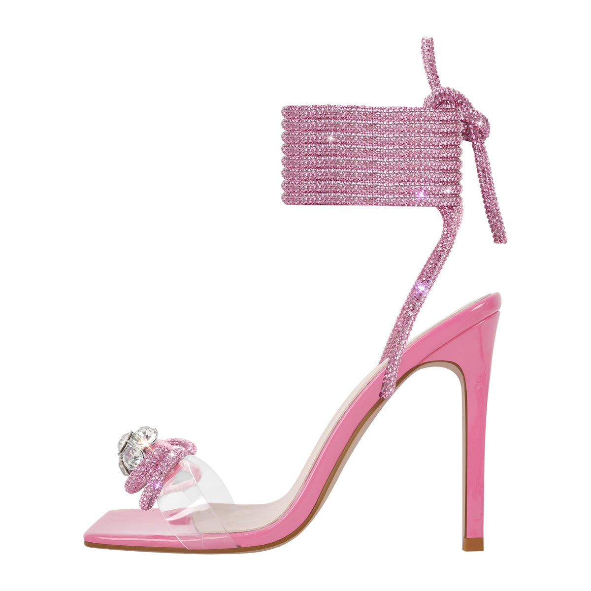 Square Toe Rhinestone Lace-up Stiletto Sandals - Onlymaker