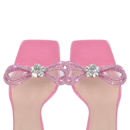 Square Toe Rhinestone Lace-up Stiletto Sandals - Onlymaker