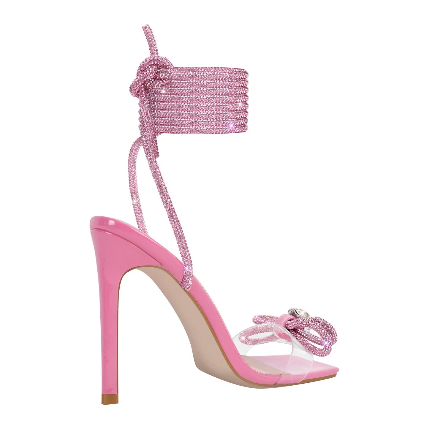 Square Toe Rhinestone Lace-up Stiletto Sandals - Onlymaker