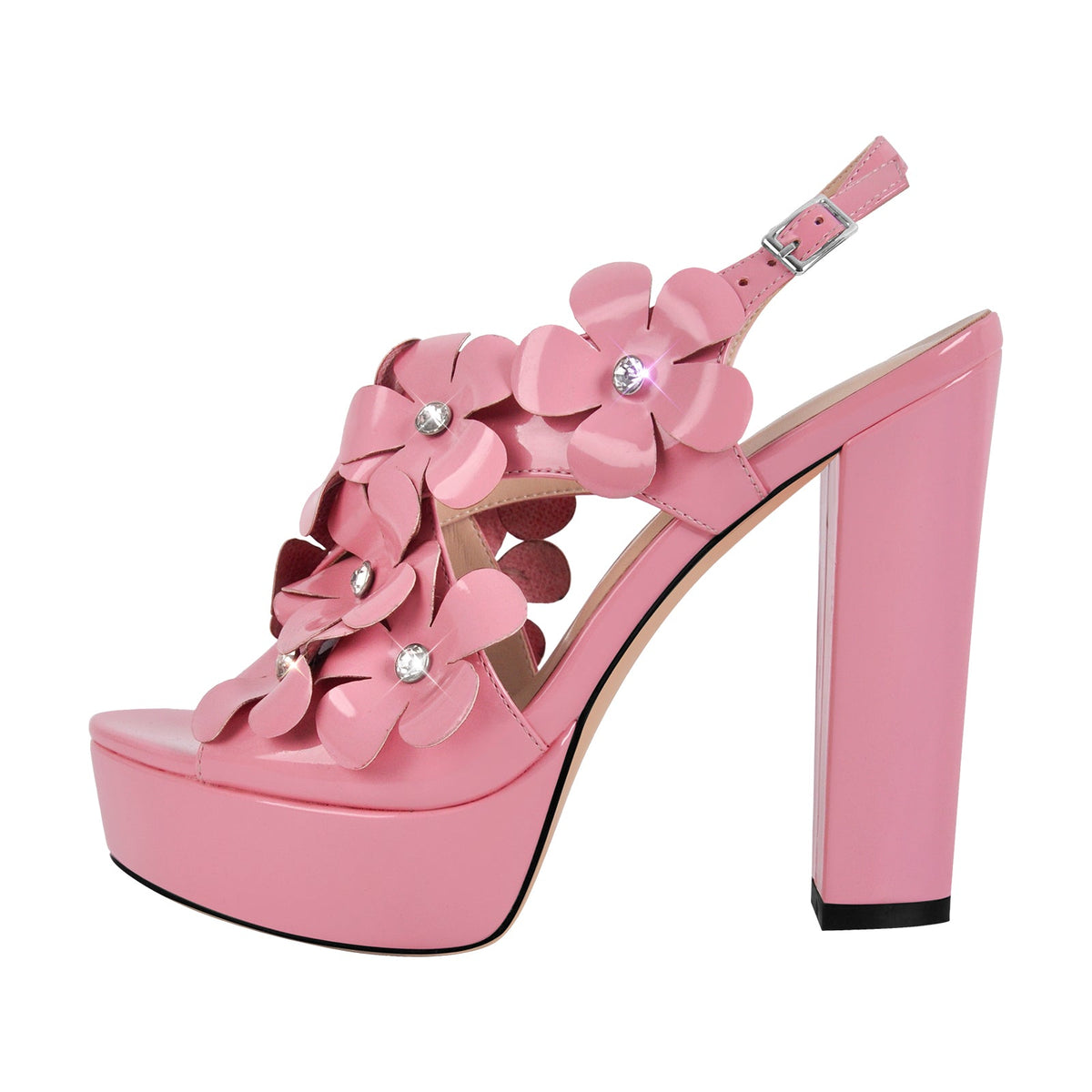Flower Rhinestone Platform Chunky Heel Slingback Sandals - Onlymaker