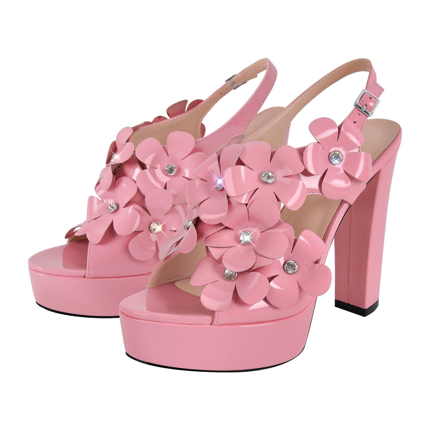 Flower Rhinestone Platform Chunky Heel Slingback Sandals - Onlymaker