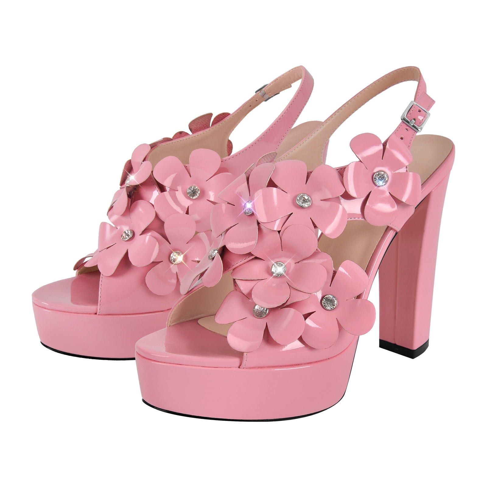 Flower Rhinestone Platform Chunky Heel Slingback Sandals - Onlymaker