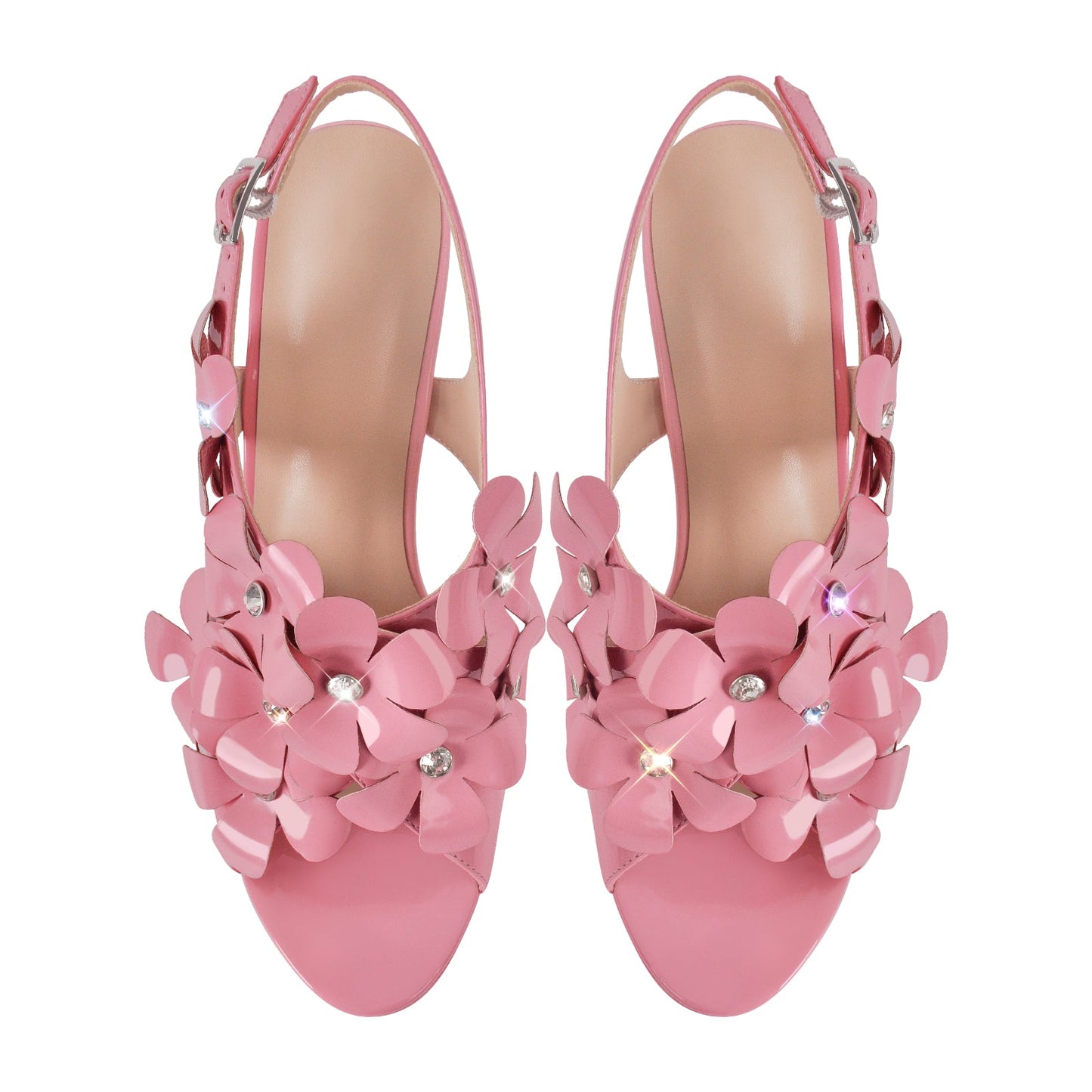 Flower Rhinestone Platform Chunky Heel Slingback Sandals - Onlymaker
