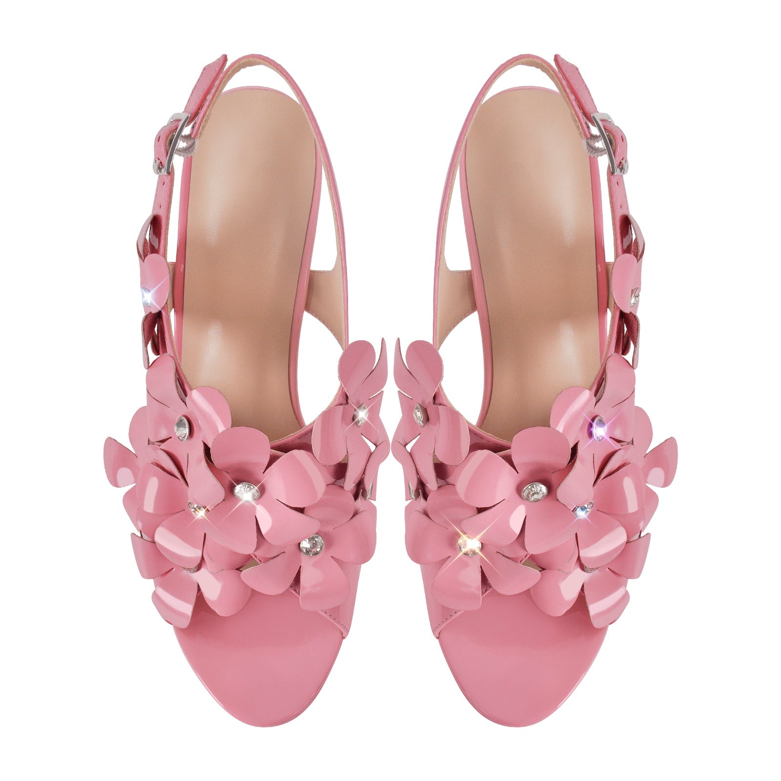 Flower Rhinestone Platform Chunky Heel Slingback Sandals - Onlymaker