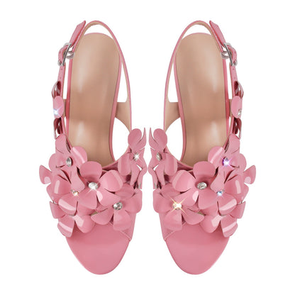 Flower Rhinestone Platform Chunky Heel Slingback Sandals - Onlymaker