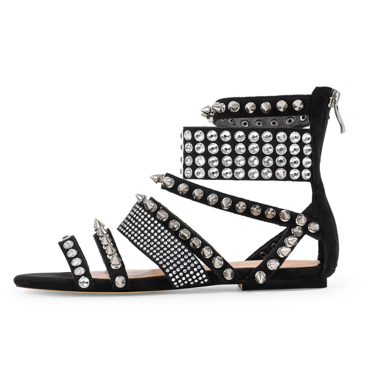 Rivet Rhinestone Suede Back Zipper Flats - Onlymaker