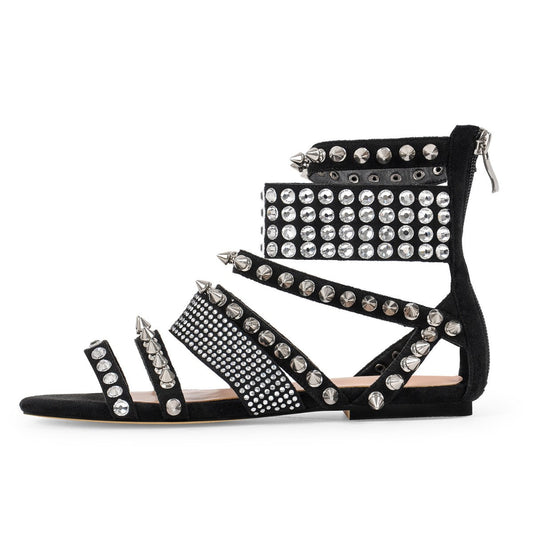 Rivet Rhinestone Suede Back Zipper Flats - Onlymaker