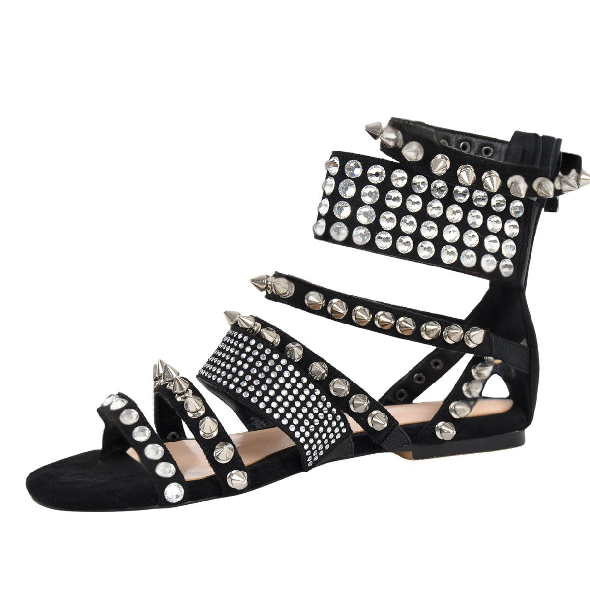 Rivet Rhinestone Suede Back Zipper Flats - Onlymaker