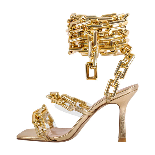 Gold Square Toe Metal Chain Lace-up Stiletto Sandals - Onlymaker