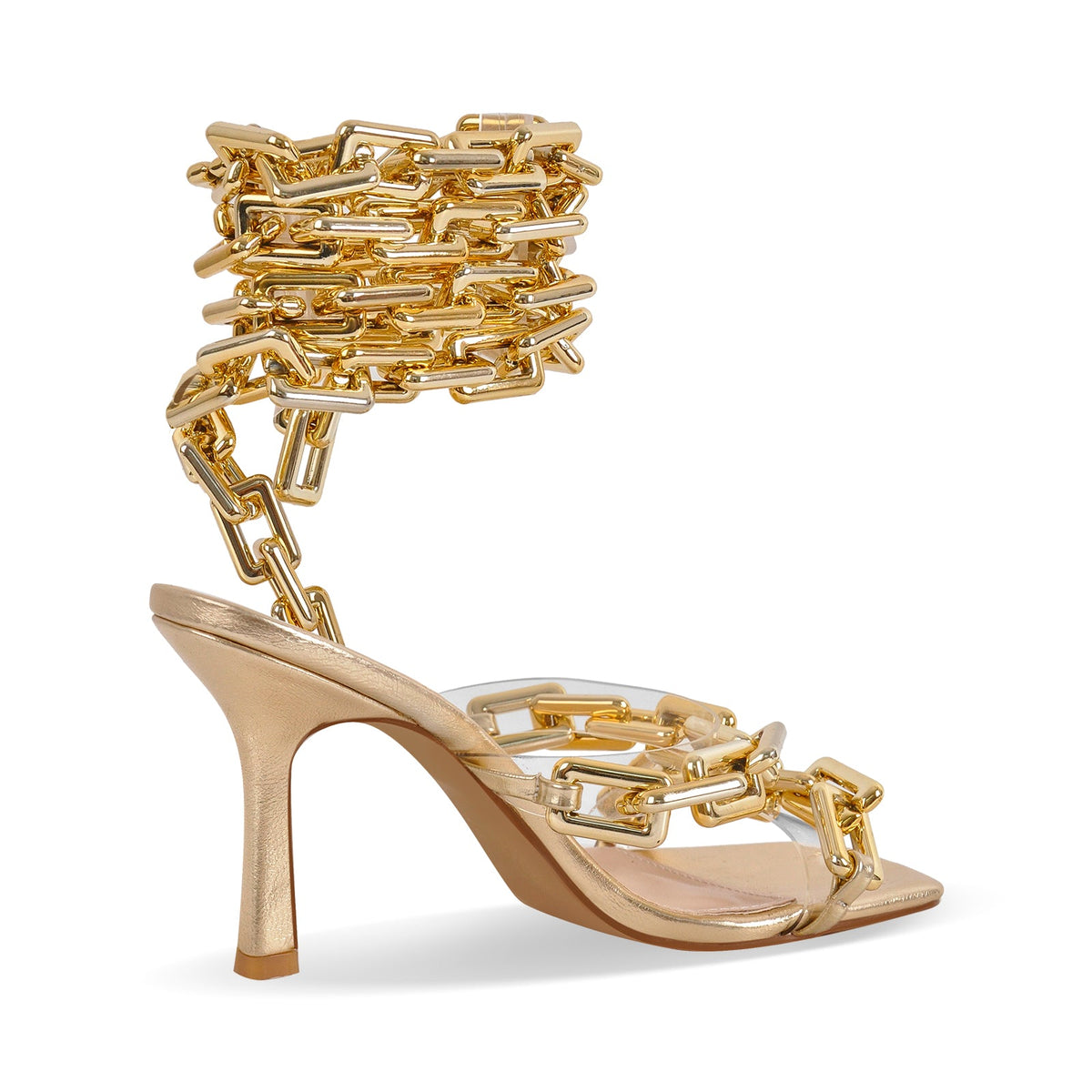 Gold Square Toe Metal Chain Lace-up Stiletto Sandals - Onlymaker
